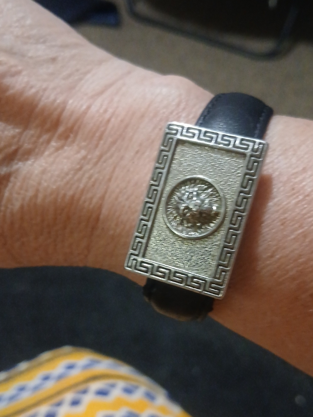 Black Leather Men's Watch Strap with Silver-Tone Decorative Rectangular Plate
